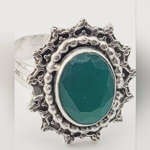 GREEN ONYX CRYSTAL VINTAGE LOOK RING HANDMADE IN STERLING SILVER SZ 7